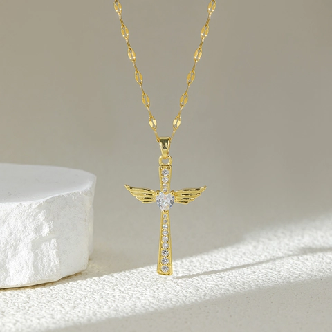 Collar Colgante Cruz Acero Inoxidable Con Corazón Circón Diseño Ala De Ángel Joyería Moda Simple Para Mujer