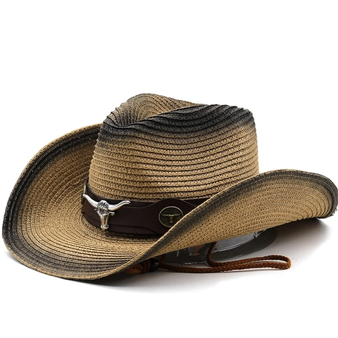 Western Cowboy Straw Hat Gradient Wide Brim Sun Protection Vintage Bull Head Decor With Adjustable Windproof Rope