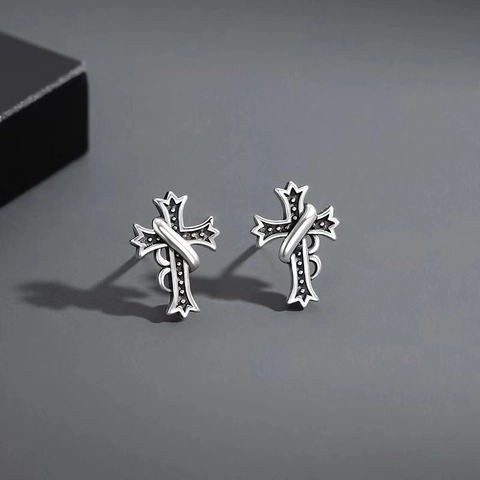 Gothic Cross Stud Earrings For Men Vintage Silver Style With 925 Sterling Silver Earring Post Punk Jewelry