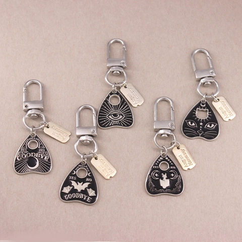 Punk Goth Zinc Alloy Keychain Ouija Board Planchette Black Heart Cat Bat Eye Mysterious Pendant Hanging Jewelry Gift
