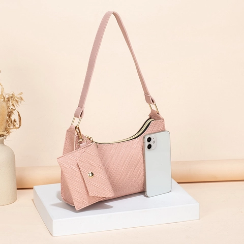 Women Underarm Hobo Bag PU Leather Embossed Woven Texture With Detachable Pouch Gold Hardware Zipper Closure Daily Casual