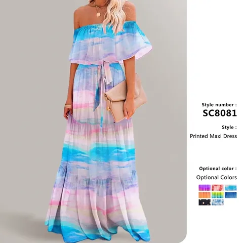 Off-Shoulder-Maxikleid Polyester Rüschen Blumendruck Gestuft Lagenlook Sommer Bohemian Damen