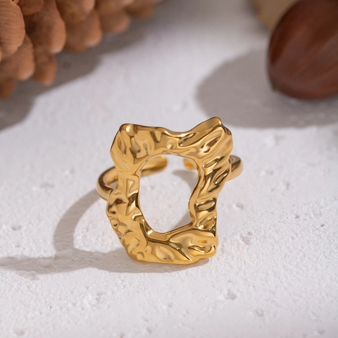 Unregelmäßiger Geometrischer Ring Edelstahl Vergoldet Lava Textur Gehämmerte Offen Verstellbar Kunstvoller Schmuck Für Damen