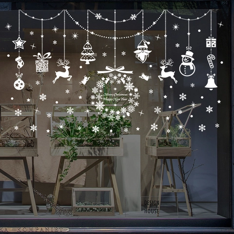 Christmas Window Clings PVC Static Film Reusable Snowflake Reindeer Santa For Glass Window Door Showcase Holiday Decor