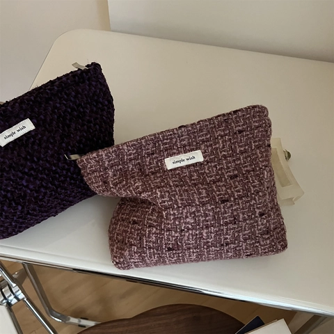 Chunky Knit Tweed Cosmetic Bag Woven Clutch Handbag For Women Daily Travel Soft Zippered Pouch Organizer