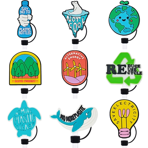 Environmental Theme Silicone Straw Covers Reusable Dustproof Toppers Eco-Friendly Slogan Cup Accessories For Tumblers