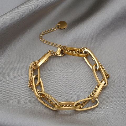 Bracciale A Doppio Strato Per Donna Acciaio Al Titanio Placcato Oro 18K Catena A Maglie Grosse E Catena Cubana