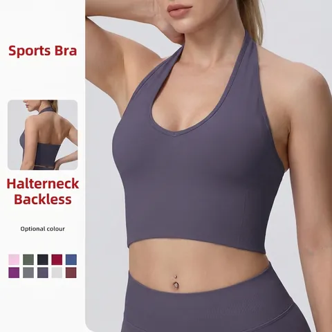 Halter Neck Sports Bra Ribbed Knit Seamless High Impact Yoga Workout Fitness Crop Top Women