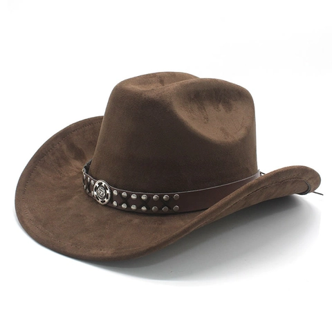 Cappello Da Cowboy Western In Finta Scamosciata Tesa Larga Retro Fedora Con Fascia In Pelle Rivetto Stile Etnico Per Uomini Donne