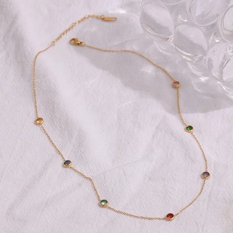 Collana Arcobaleno In Acciaio Inossidabile Placcato Oro Pietre Multicolore Tonde Regolabile Catena Sottile Gioielli Donna