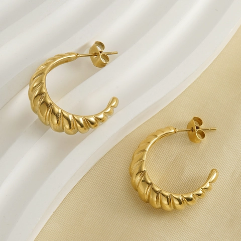18K Gold Plated Stainless Steel Hoop Earrings Vintage Twisted Spiral Croissant Chunky C Shape Fashion Jewelry For Women