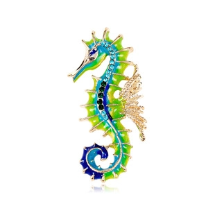 Vintage Enamel Seahorse Brooch For Women Gold Plated Alloy Marine Animal Pin With Blue Green Rhinestones Fashion Jewelry Gift