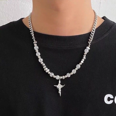 Cross Pendant Necklace Stainless Steel Alloy Beaded Chain Ice Crack Hematite Irregular Star Jewelry For Men Women
