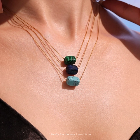 Collier Pendentif Pierre Naturelle Acier Inoxydable Plaqué Or 18K Rectangulaire Lapis-Lazuli Malachite Turquoise Femmes