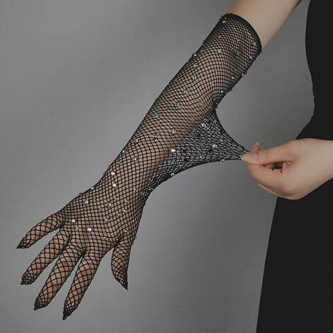 Guantes De Red Largos Con Pedrería De Colores Mangas De Malla Elástica Sexy Para Club Nocturno Fiesta Baile
