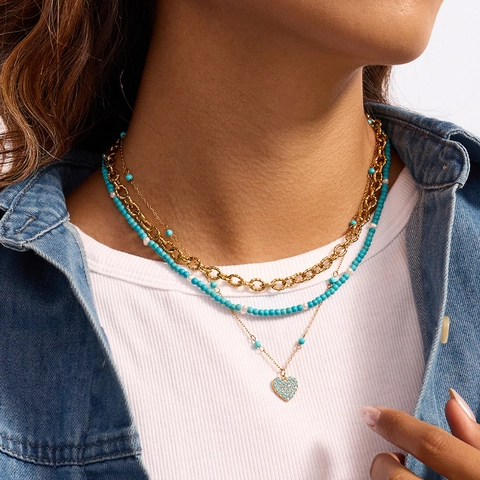 Bohemian Stainless Steel Necklace Natural Turquoise Faux Artificial Pearl Beaded Heart Pendant Gold Plated For Women Hypoallergenic