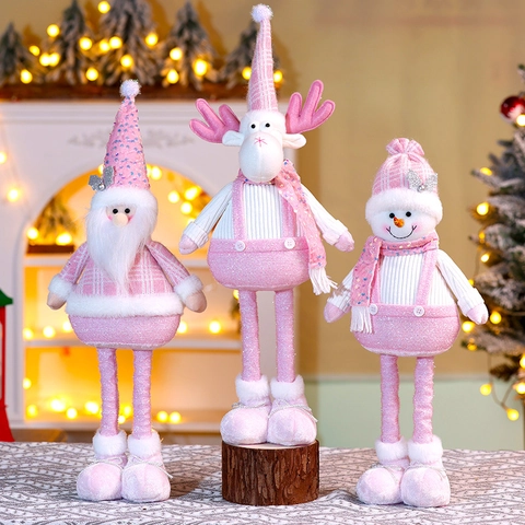 Poupée Peluche Noël Rose Paillettes Jambes Télescopiques Père Noël Bonhomme De Neige Renne Figurine Décoration Maison Fête