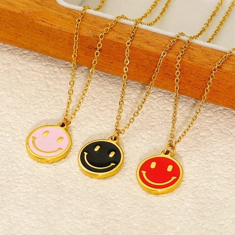 Collana Con Ciondolo Faccina Sorridente Placcata Oro 18K Acciaio Inossidabile Smalto Ciondolo Rotondo