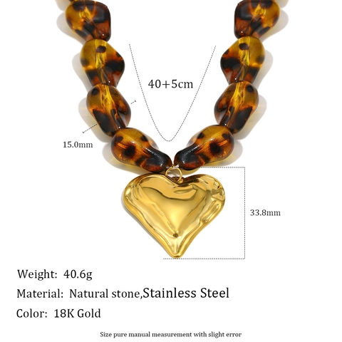 Collana Perle Resina Leopardo Ambra Ciondolo Cuore Acciaio Inossidabile Placcato Oro Gioielli Boho Vintage Donna