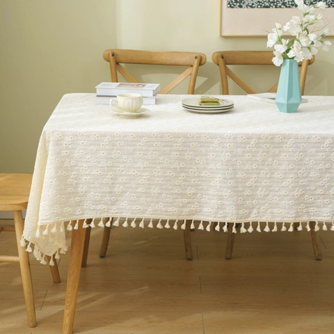 Tablecloth Cotton Linen Daisy Floral Print With Tassels Pastoral Rural Style Fresh Desktop Decor For Dining Coffee Table