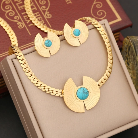 Roestvrij Staal Turkoois Ketting Armband Oorbellen Ring Verguld Boheems Zonnestraal Hanger Sieraden Voor Vrouwen