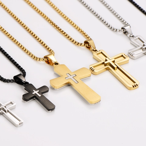 Cross Pendant Necklace 304 Stainless Steel Hip Hop Punk Vintage Double Layer Religious Gothic Jewelry Men Women