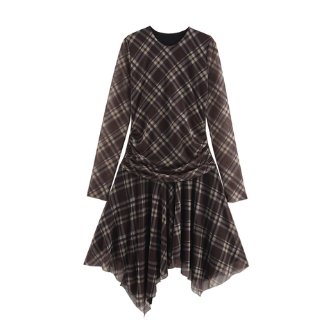 Damen Plaid Mesh Midi Kleid Langarm Unregelmäßiger Saum Rundhals Hohe Taille Raffungen Schlanke Passform Retro