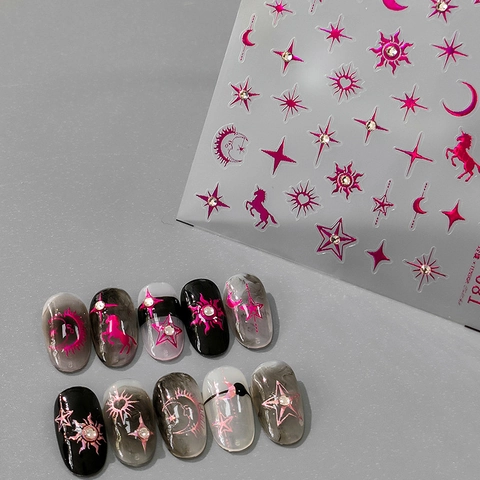 Autocollants Nail Art 3D Relief Métallique Rose Vif Étoile Lune Licorne Auto Adhésif Décalcomanies Avec Strass DIY