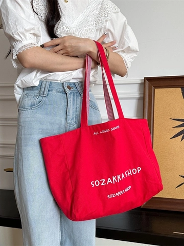 Canvas Tragetasche Damen Große Kapazität Buchstabenstickerei Gestreiftes Futter Lässige Umhängetasche Streetwear
