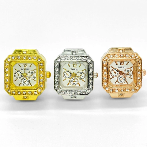 Reloj De Anillo De Dedo De Moda Caja Cuadrada De Aleación Con Diamantes De Imitación Reloj De Cuarzo Banda Elástica De Acero