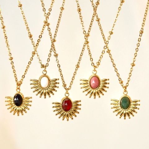 Collier Pendentif Rayon De Soleil Pierre Naturelle Incrustée Acier Inoxydable Plaqué Or Bohème Forme Éventail