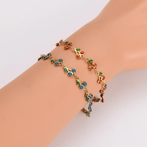 Bracciale Ciliegia in Acciaio Inossidabile Bohemien per Donna Placcato Oro Smalto Colorato Braccialetto Frutta Strass Gioielli