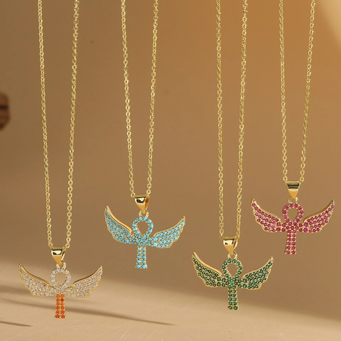 Collana Pendente Croce Ankh Ali Angelo Rame Zirconia Placcato Oro Hip Hop Retro Gioielli Per Donne Uomini
