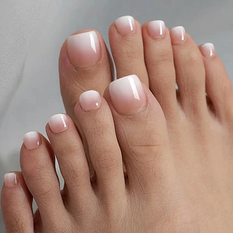 Glossy Pink White Gradient French Ombre Press On Toenails Square Round Wearable Artificial Toe Nails