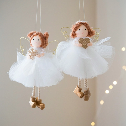 Angioletto Di Natale Ornamenti Appesi Gonna In Rete Bianca Ali Dorate Tessuto Filato Per Decorazioni Albero