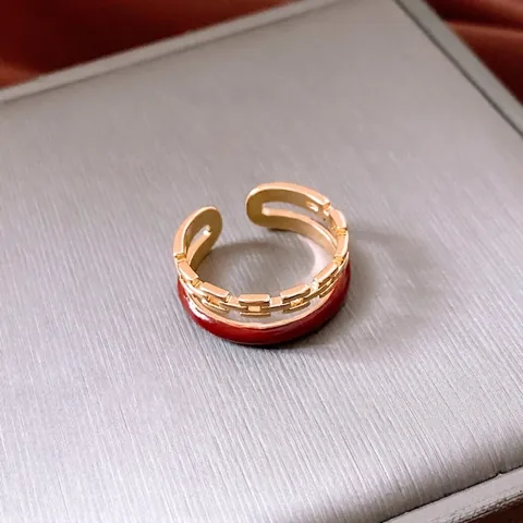 Rode Emaille Hart Open Ring En Dubbellaagse Kettingring Voor Vrouwen Koper Verguld Cubic Zirconia Verstelbare Sieraden