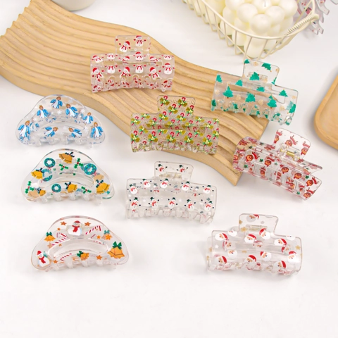 Pinzas Para El Cabello De Navidad Acrílico Transparente Festivo Papá Noel Muñeco De Nieve Patrón De Jengibre Para Mujeres