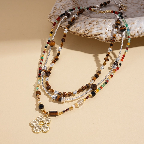Tiger Eye Stone Beaded Necklace Copper Vintage Ethnic Flower Pendant Adjustable Jewelry For Women