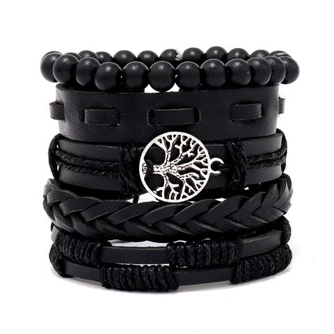 Men Retro Multilayer Leather Braided Bracelet Silver Tree Of Life Pendant Black Bead Punk Bohemian Jewelry Hand Rope