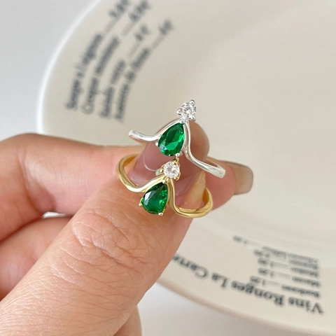 Adjustable 925 Sterling Silver Ring Green Pear Shaped Zircon Minimalist Korean Style Elegant Finger Jewelry
