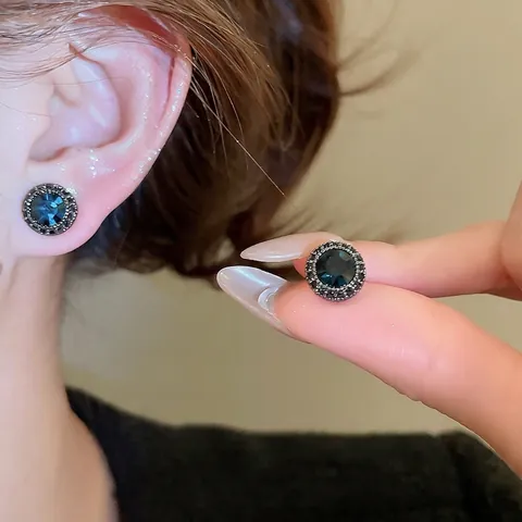 Orecchini A Lobo Rotondi Vintage Zircone Blu Gioielli In Rame Con Perno In Argento Per Donna