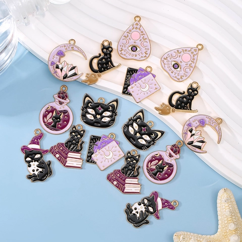 Magic Cat Enamel Alloy Charms Mystical Witch Pendants For DIY Jewelry Making Keychain Necklace Accessories Gothic Style