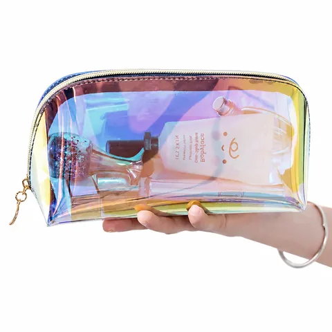 Holographic Iridescent TPU Makeup Bag Waterproof Portable Cosmetic Pouch Laser Shell Shaped Toiletry Bag Travel Organizer