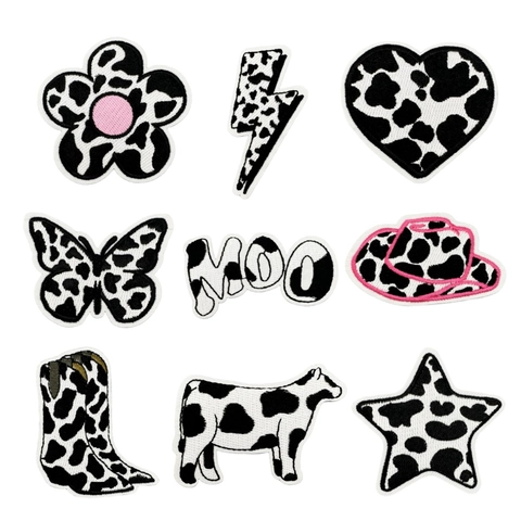 Embroidery Patches Cow Print Black And White Iron On Appliques For Clothing Heart Lightning Shape Fabric Decorative