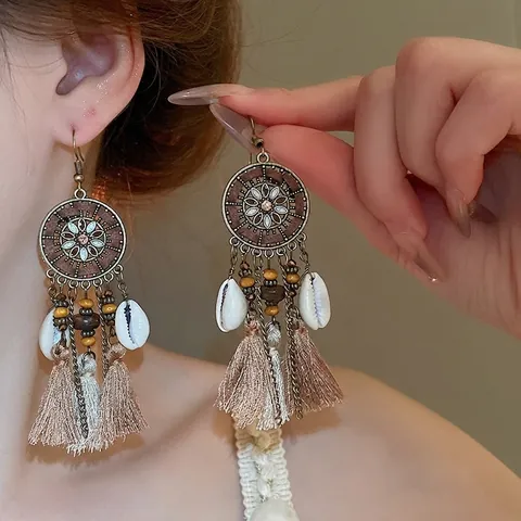 Pendientes Colgantes Étnicos Bohemios Aleación Borla Pluma Concha Cuentas Y Poste Plata De Ley 925 Vintage Largos