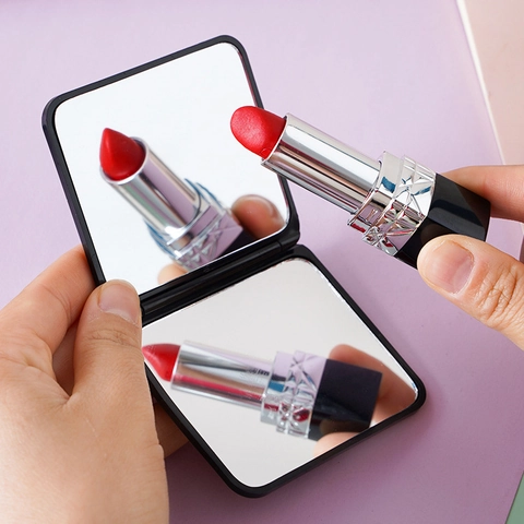 Portable Pocket Makeup Mirror Double Sided Folding Compact Square Matte Black Vanity Travel Cosmetic Tool
