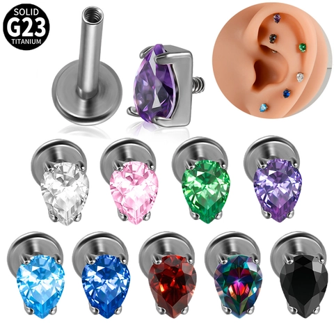Solid G23 Titanium Pear Cut Zirconia Labret Stud Internal Thread Flat Back Ear Cartilage Piercing Jewelry For Unisex