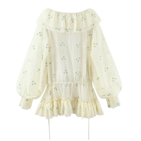 Damen V Ausschnitt Blumen Stickerei Chiffon Mini Kleid Rüschen Langarm Laternärmel Taille Elegant Französischer Stil