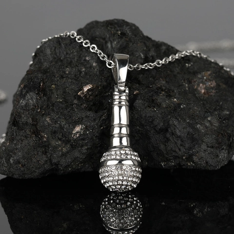 Collana Con Ciondolo A Microfono Acciaio Inossidabile 316L Zircone Tema Musicale Hip Hop Rock Gioielli Per Uomini Donne