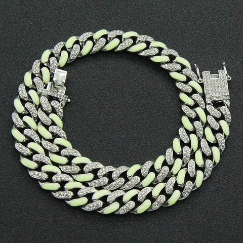 Collana da Uomo Hip Hop Luminosa a Maglia Cubana in Lega con Strass Smalto Fluorescente Gioielli Punk Streetwear